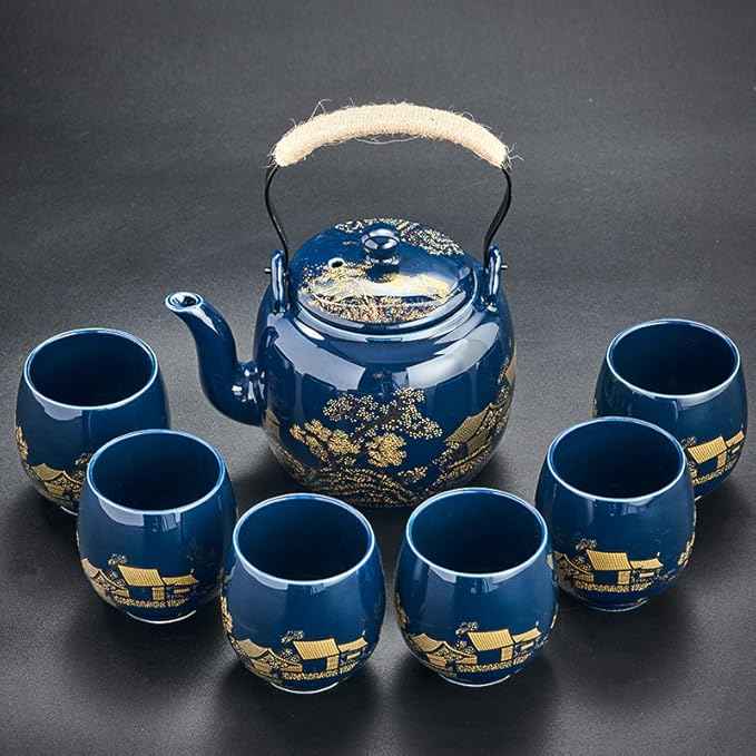Japanese Tea Set, Black Glazed Tea Set in Gift Box With 1 Teapot, 1 Tea Strainer, 1 Tea Tray and 6 Tea Cups. Ideal Tea Set for Office Home, Asian Tea Sets for Tea Lovers(Country Blue)