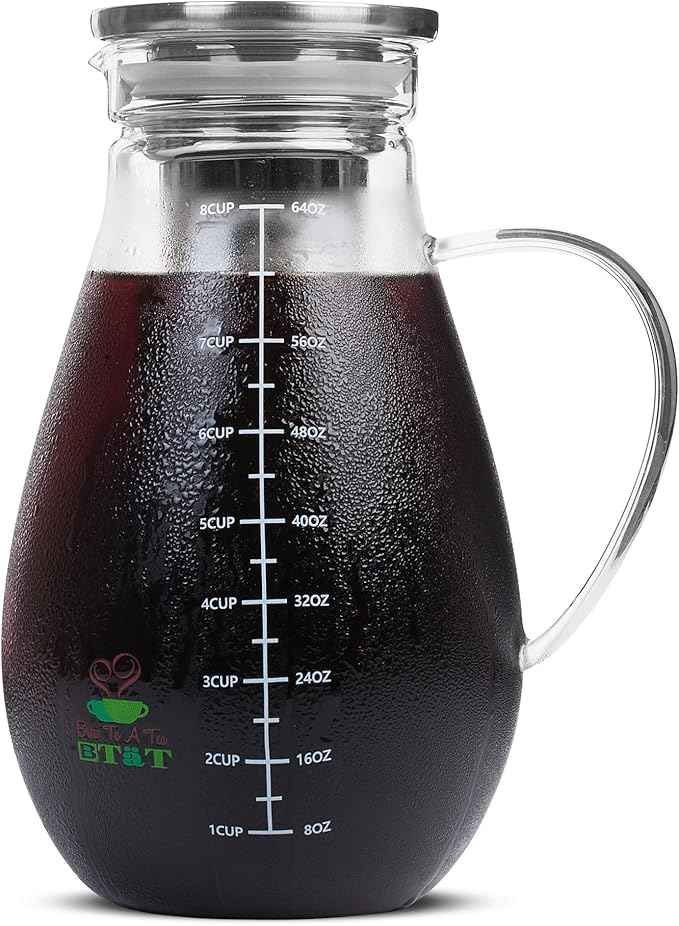 BTaT- Cold Brew Coffee Maker, Iced Coffee Maker, 2 Liter (2 Quart, 64 oz), Iced Tea Maker, Cold Brew Maker, Tea Pitcher, Coffee Accessories, Iced Tea Pitcher, Cold Brew System, Cold Brew Pitcher