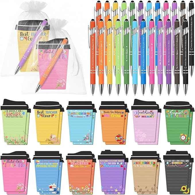 Mkway 24 Set Teacher Appreciation Gifts Bulk - 24 Coffee Cup Notepad+ 24 Ballpoint Pens+ 24 Drawstring Gift Bags, Bulk Gifts for School Office Christmas Teacher's Day Coworker Nurse Employee