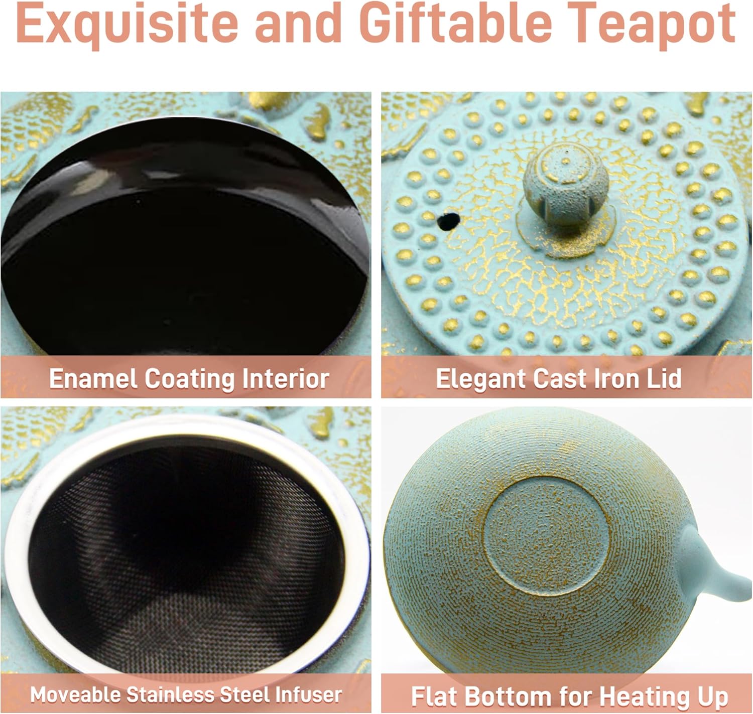 27.1oz Small Cast Iron Teapot, SECHUDO Japanese Style Tea Kettle Coated with Enameled Interior for Stovetop Safe,Cast Iron Tea Pot with Stainless Steel Strainer for Loose Leaf,Flat Fish Pattern(800ml)