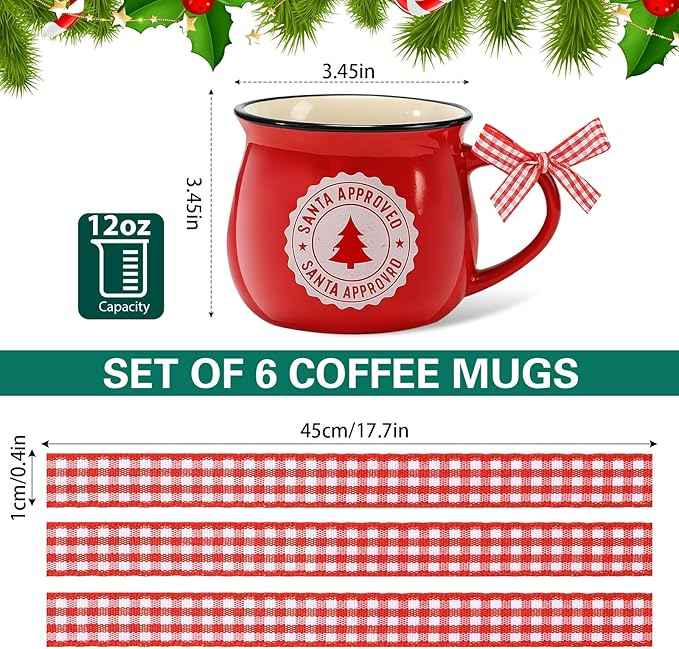 Sawysine Christmas Coffee Mugs Set of 6, 12 oz Ceramic Mug Gift Holiday Hot Cocoa for Family Mom Woman Friend Farmhouse (Gingerbread Man Style)