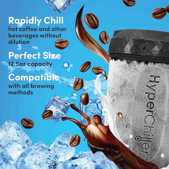 HyperChiller HC3 Patented Iced Coffee/Beverage Cooler, NEW, IMPROVED,STRONGER AND MORE DURABLE! Ready in One Minute, Reusable for Iced Tea, Wine, Spirits, Alcohol, Juice, 12.5 Oz, Black
