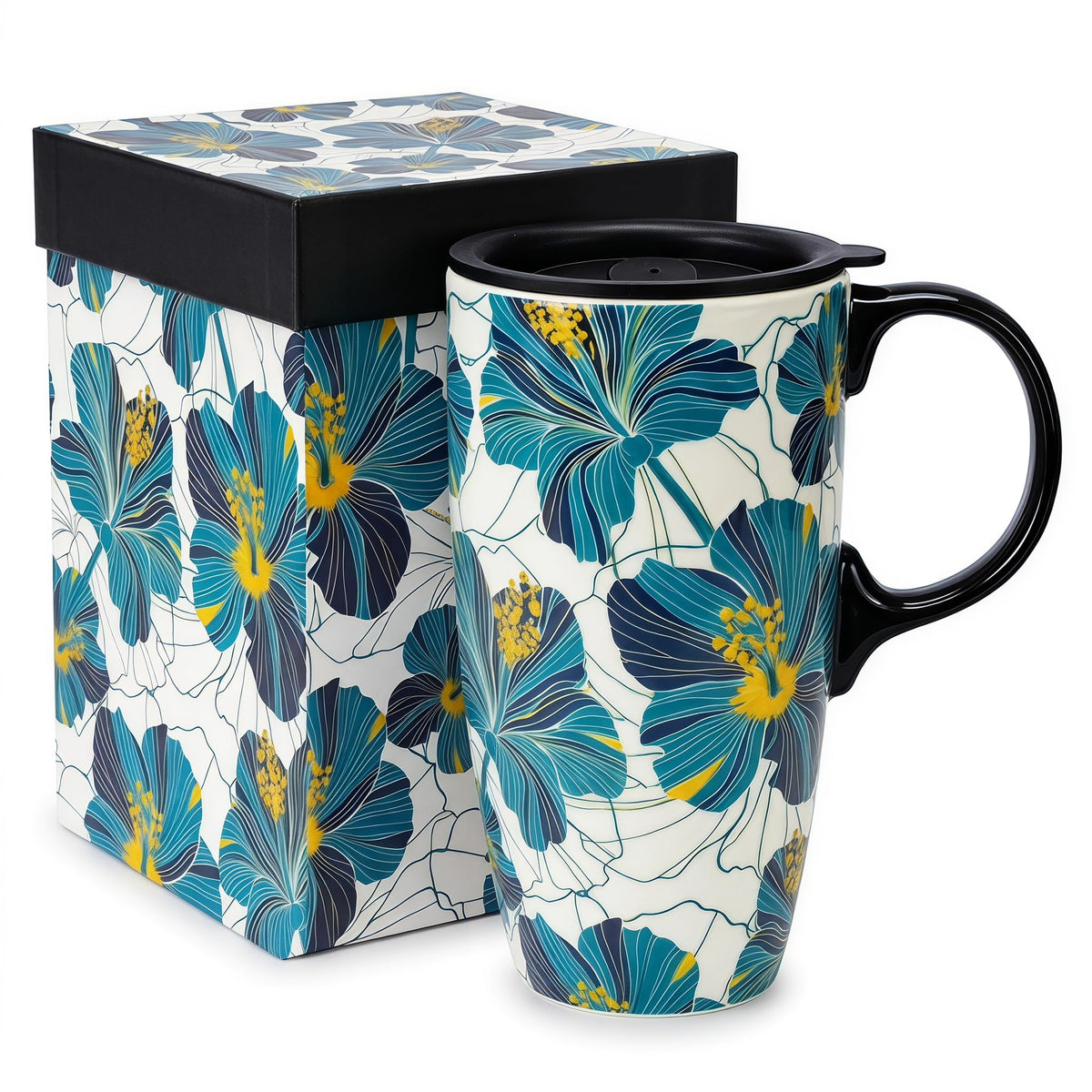 17 oz ceramic travel mug with lid and floral design