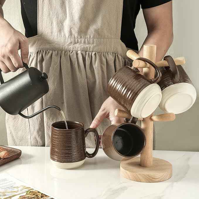 HASENSE Porcelain Coffee Mugs Set of 4-15 Ounce Large Ceramic Coffee Cups Set with Handle for Latte, Tea, Cocoa and Hot Chocolate, Brown Coffee Mugs for Men and Women, Microwave Safe