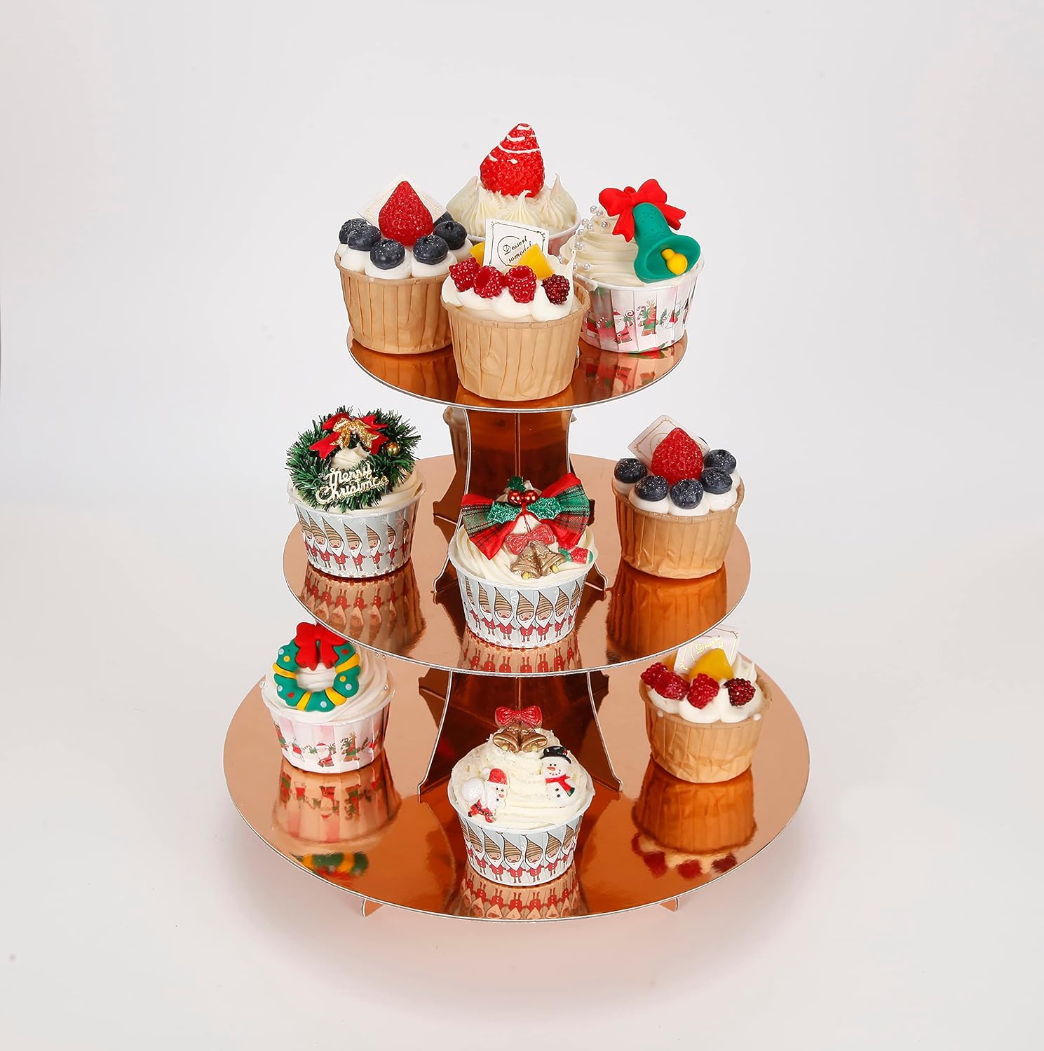 3-Tier Cupcake Stand, Rose Gold Cardboard Cake Stand holder, Tiered DIY Cupcake Stand Tower for Dessert Table Displays, Birthday Theme Party Favors Decoration, Floral Tea Party, 12