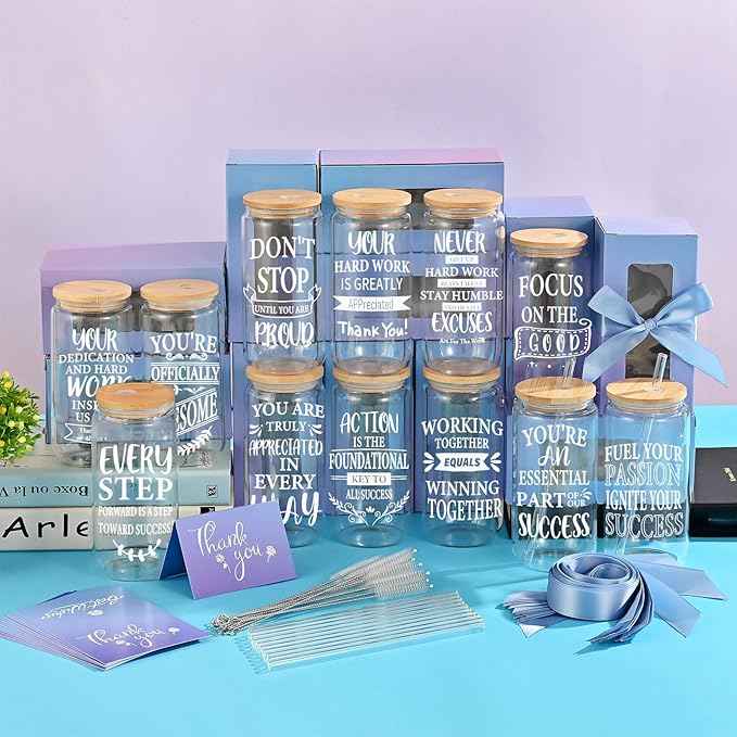 12 Pcs Employee Inspiration Glass Cups Set, OLSUNOR Personalized Inspirational Thank You Gifts for Staff Coworker 16 oz Can Shaped Beer Glass Cups, Gift Box and Card for Team Women Men Teacher Friends