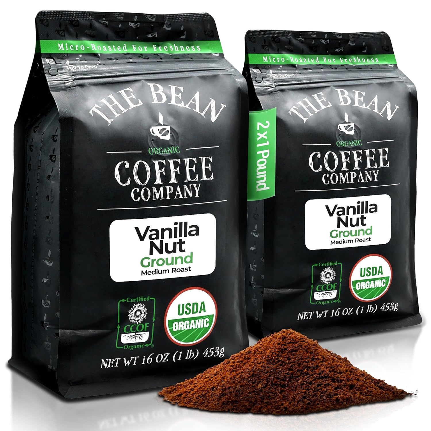 The Bean Organic Coffee Company Vanilla Nut, Medium Roast, Ground Coffee, 16-Ounce Bags (Pack of 2),Café molido tostado organico