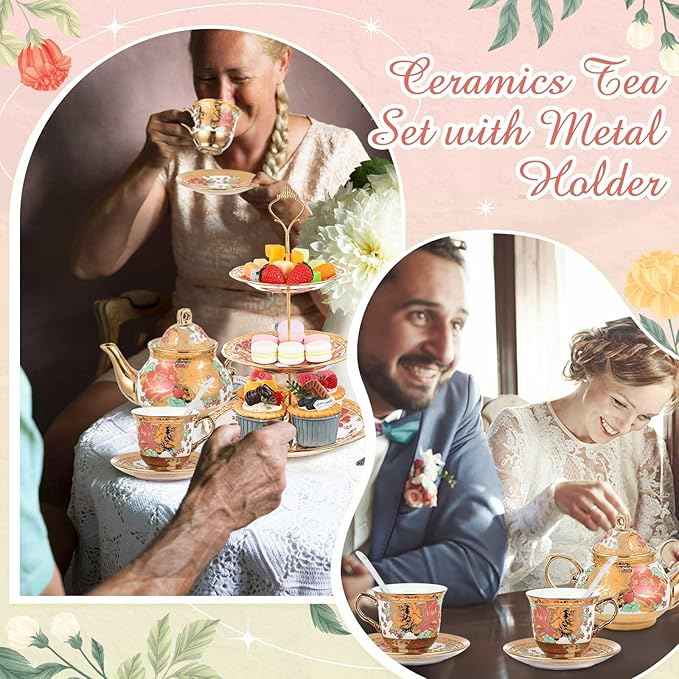 Maxcheck 21 Pcs Porcelain Tea Set for Women Tea Party with Metal Holder and 3 Tier Cake Stand Ceramic European Floral Teapot Set for Adults Mother's Day Christmas Thoughtful Gift(Vintage Style)