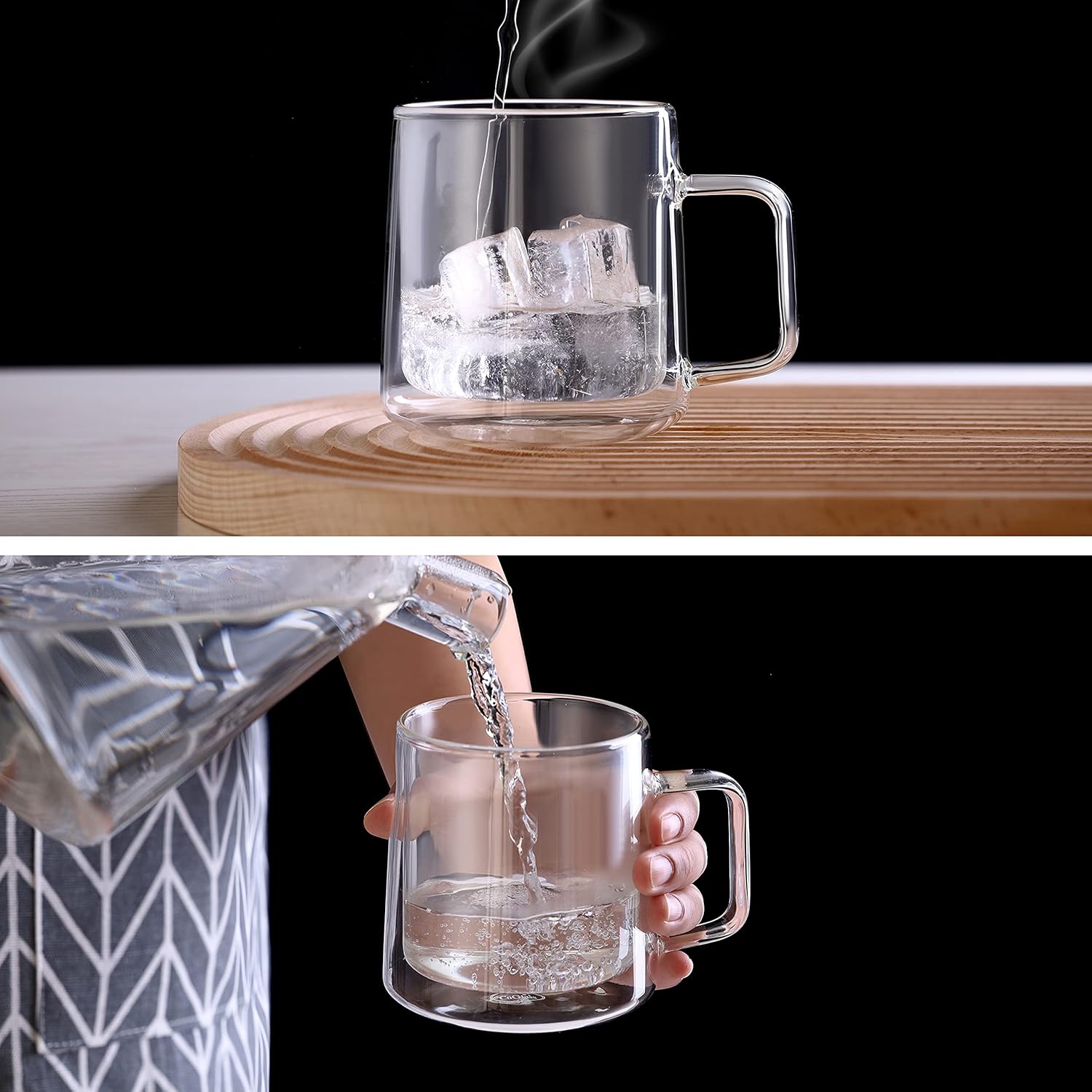 CNGLASS 12oz Glass Coffee Mugs,Double Wall Insulated Glass Cups with Handle,Clear Espresso Mugs for Latte,Cappuccino,Tea Bag,Set of 4