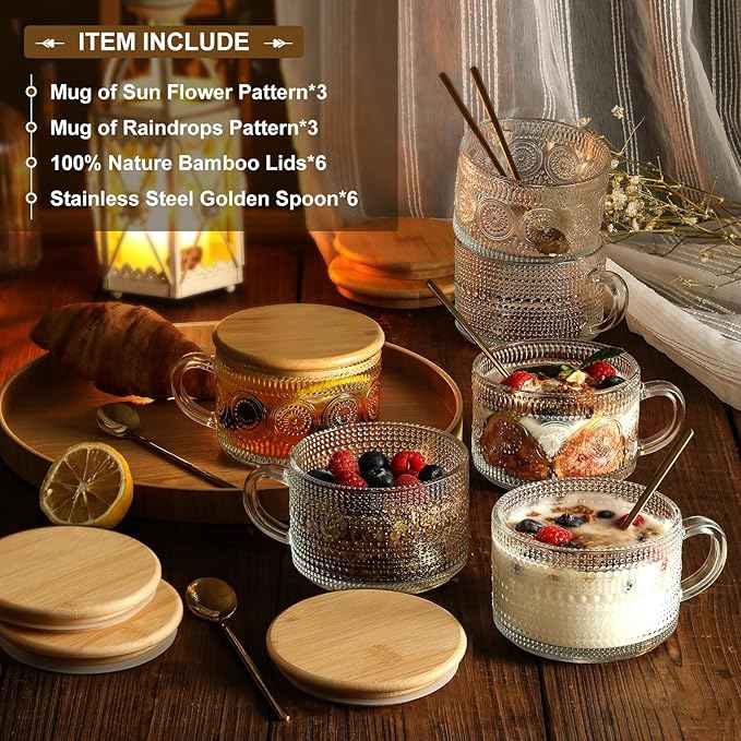 LANDNEOO 6 Pack 14oz Vintage Glass Coffee Mugs with Bamboo Lids and Spoons, Green Embossed Drinking Glasses for Iced Coffee, Tea, Latte