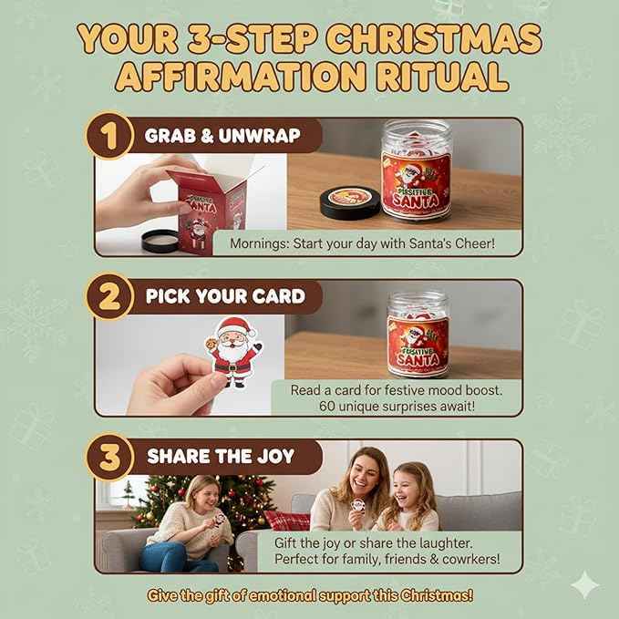 Positive Santa Claus Christmas Jar with 60 Daily Affirmation Cards, Emotional Support Christmas Gift, Funny Decorations for Home or Desk, Holiday Ornaments and Gifts for Women Men Teens and Teachers