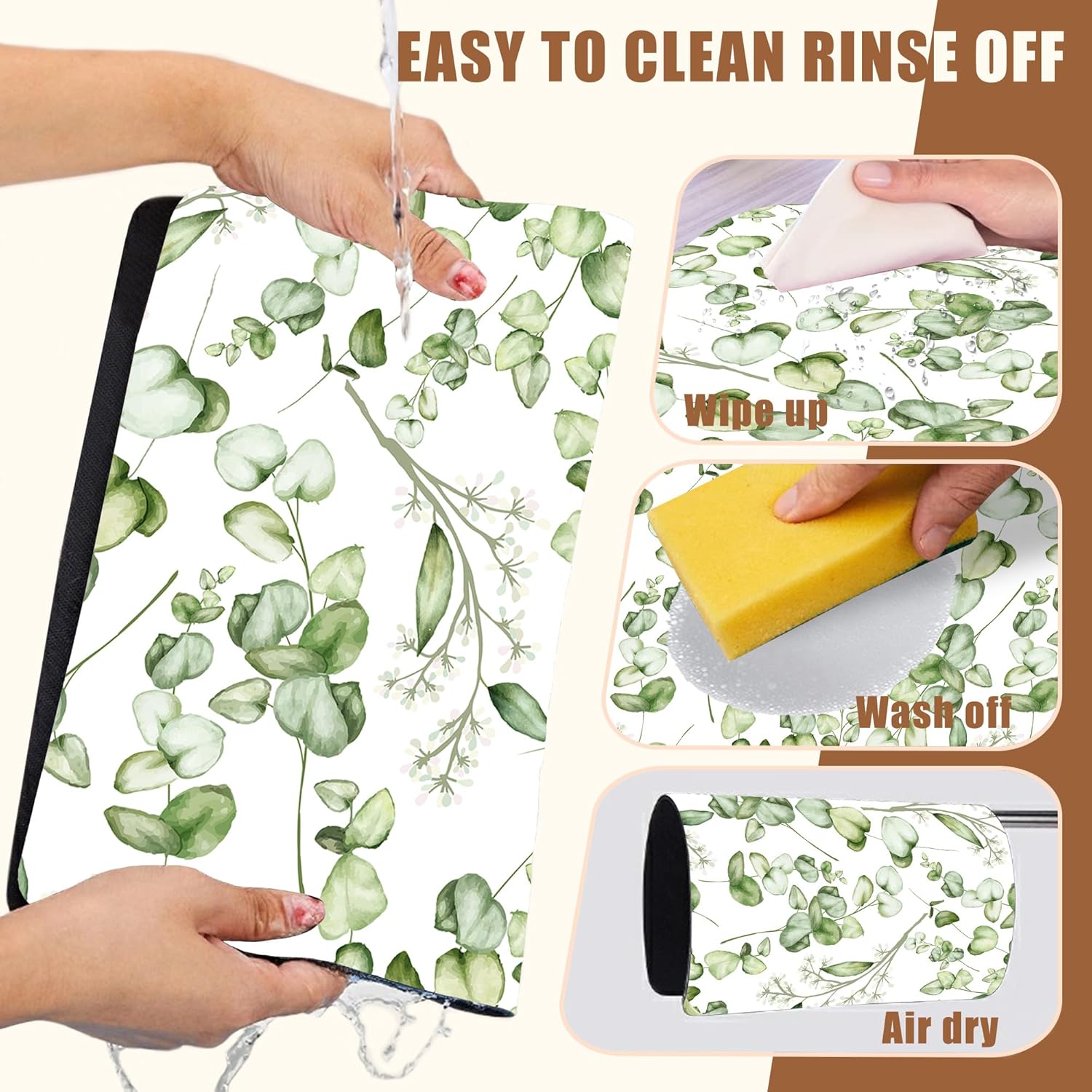 Eucalyptus Leaves Dish Drying Mat for Kitchen Counter Coffee Mat Hide Stain Absorbent Rubber Backed Drying Rack Pad Espresso Machine Coffee Bar Accessories 15.7 x 23.6 Inch