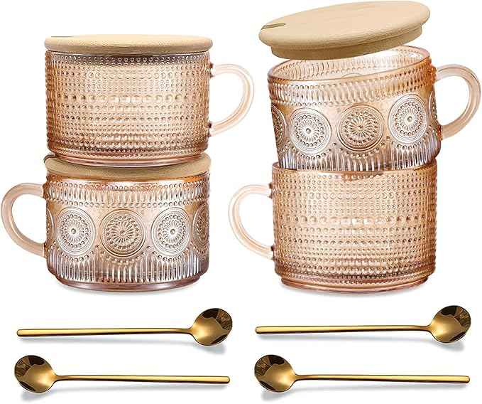 Amber Vintage Glass Coffee Mugs gifts for women, 14 Oz Set of 4 Embossed Glassware Tea Cups for Breakfast, Cappuccino, Latte, Yogurt, Christmas Mothers Day Gifts Coffee Bar Accessories
