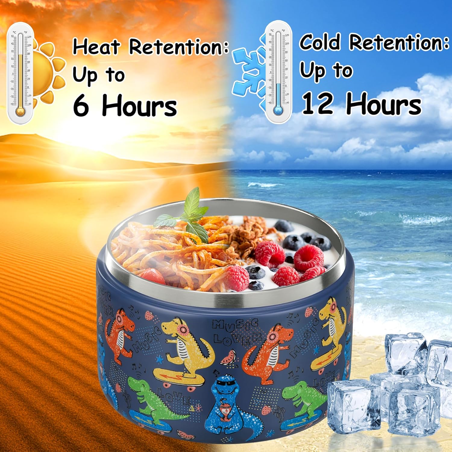 12oz Insulated Vacuum Food Jar with Buckle Lid Wide Mouth Soup Thermo for Hot Food Kids Leakproof Stainless Steel Lunch Container (Blue-Dinosaur) - Blissbrew