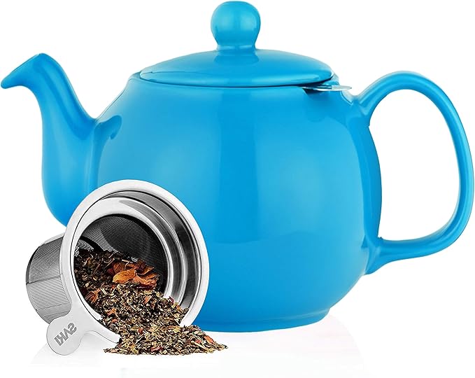 SAKI Large Porcelain Teapot, 48 Ounce Tea Pot with Infuser, Loose Leaf and Blooming Tea Pot - Blue