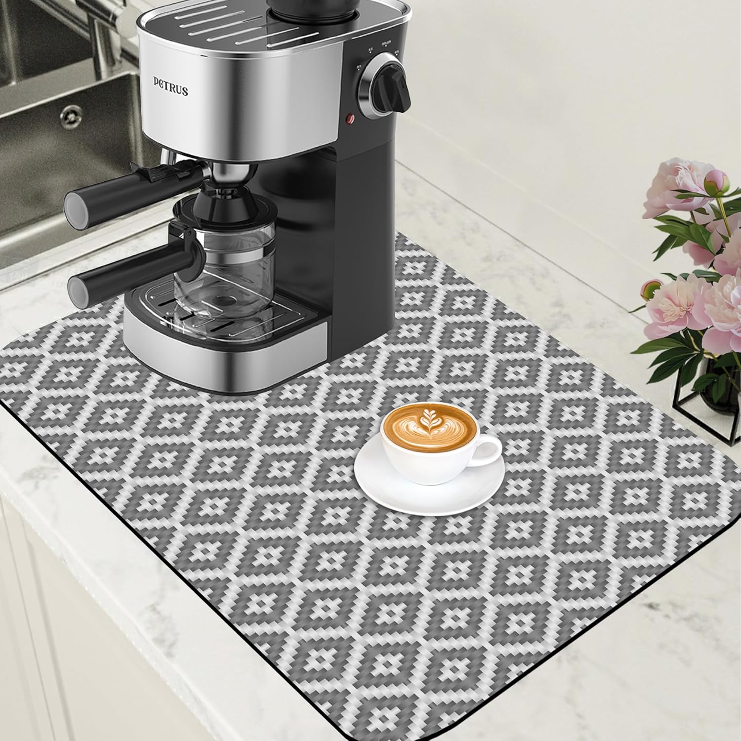 Ethnic Geometric Dish Drying Mat for Kitchen Counter Coffee Bar Mat Hide Stain Absorbent Rubber Backed Dish Drainer Rack Pad Coffee Maker Espresso Machine Table Accessories 15.7 x 23.6 Inch