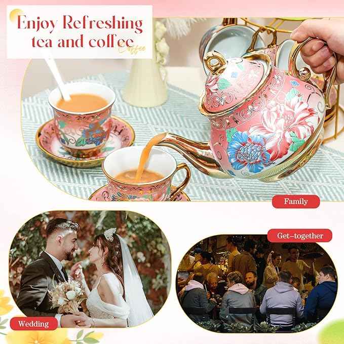 20 Pcs Porcelain Tea Set for Adults with Metal Holder and Spoon European Ceramic Tea Party Set Flower Painting Teapot Cup Saucer for Christmas Women Gifts, Serving 6 People(Fresh)