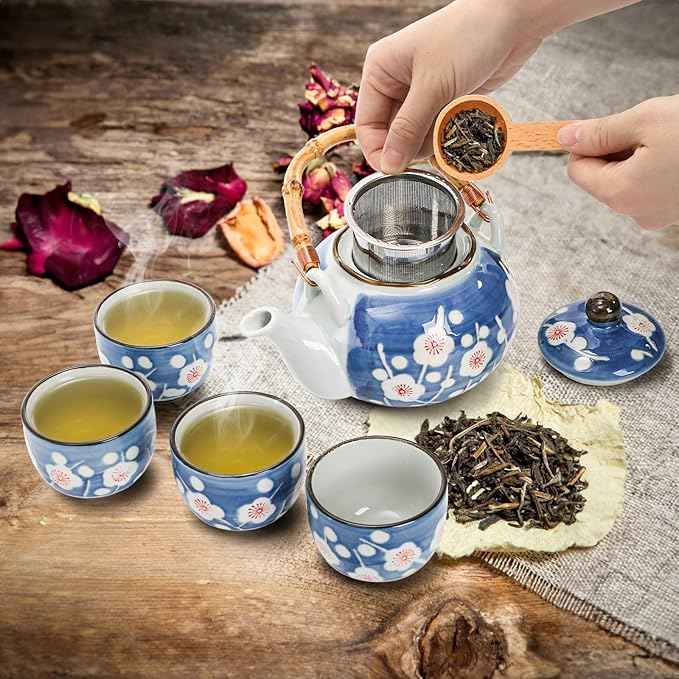 Japanese Tea Set, Ceramic Floral Tea Pot and 4 Pieces Cups with Infuser Bamboo Handle, Traditional Bone China Teapot Kit Gift for Coffee, Water, Home, Office