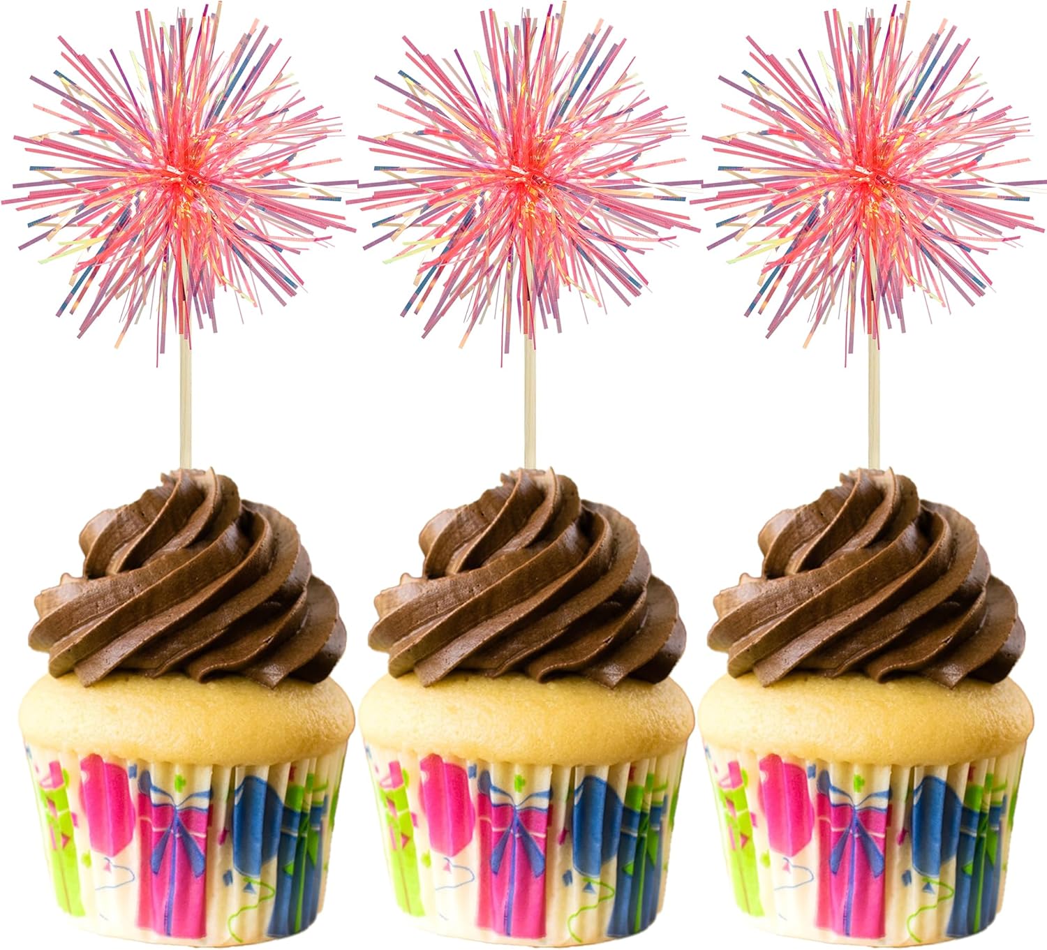 Gyufise 30Pcs Foil Firework Cupcake Toppers Sparkle Tinsel Cake Toppers Tinsel Drink Cake Decoration Cocktail Picks for Birthday Wedding Graduation Party Supplies Laser Orange