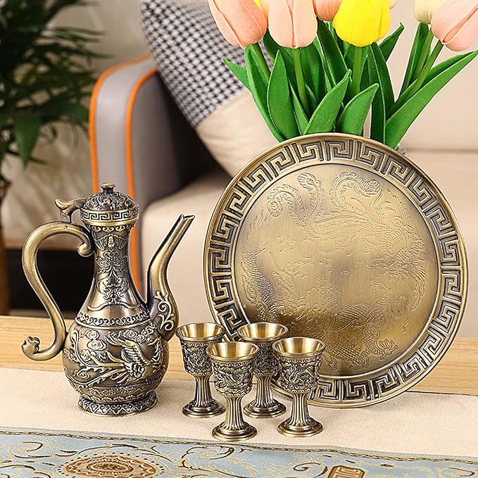 Vintage Turkish Coffee Pot and Cups Set,Teapot Tea Service Set Including 4 Metal Cups and Tea Tray for Tea Table Decor,Wedding Ornament (Bronze)