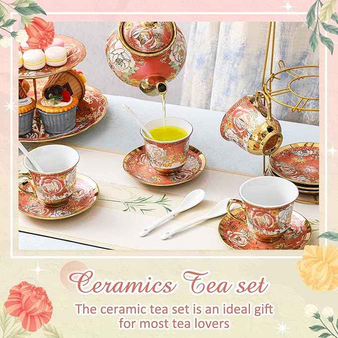 Maxcheck 21 Pcs Porcelain Tea Set for Women Tea Party with Metal Holder and 3 Tier Cake Stand Ceramic European Floral Teapot Set for Adults Mother's Day Christmas Thoughtful Gift(Romantic Style)