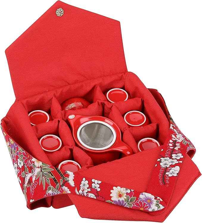 Chinese Tea Set Traditional Red Ceramic with Chinese Teapot and 6 Porcelain Teacups, Asian Gongfu Style Collection for Tea Ceremony, Chinese Wedding Gift with Fabric Box