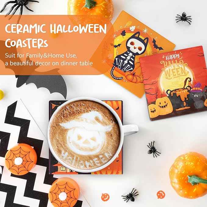 Halloween Coasters Absorbent Ceramic Coaster for Drinks with Black Holder and Cork Base Set of 4, Square Decorative Coffee Table Decor for House Warming Gifts New Home