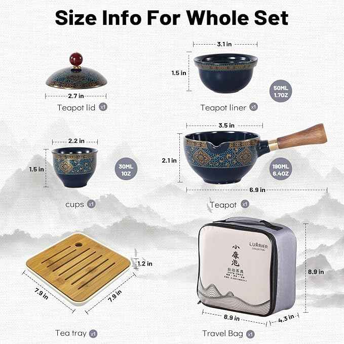 LURRIER Porcelain Chinese Gongfu Tea Set,Portable Teapot Set with 360 Rotation Tea maker and Infuser,Portable All in One Gift Bag for Travel,Home,Gifting,Outdoor and Office (Floral Blue)