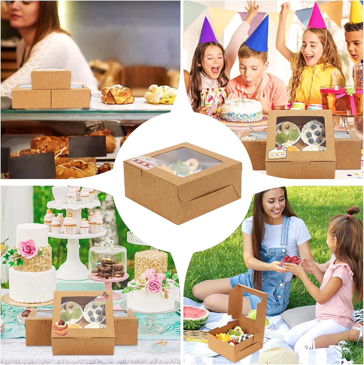 OAMCEG 80 Pack Cookie Boxes with Window, 6x6x3 Inches Brown Bakery Treat Boxes with Stickers & Twine for Pastry, Desserts, Strawberries, Cupcakes, Gift Giving