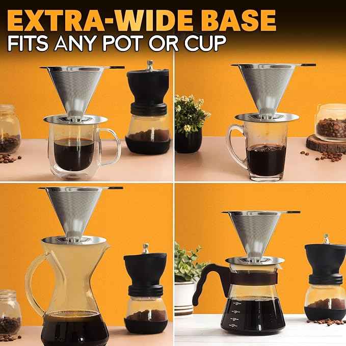 LEGLO Stainless Steel Pour Over Coffee Maker - 3.18x4.48 Pour Over Coffee Dripper with Wide Secure Base, Large Plastic Handle, and Brush for Easy Cleaning – Ensures Well-Balanced, Clean Flavor