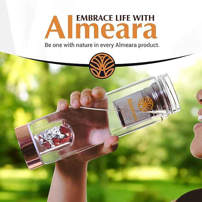 Almeara Crystal Water Bottle with Authentic Red Jasper Stones & Clear Quartz Removable Gemstones, Loose Leaf Tea Infuser - Relaxation, Healing & Spiritual Gifts for Women - Witchcraft Supplies