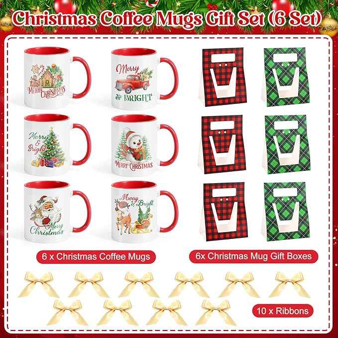 LemonRoad 6 Sets Christmas Coffee Mugs with Mug Boxes 12 oz Ceramic Merry Christmas Coffee Cups Xmas Cups with Gift Boxes Ribbon for Xmas Winter Holiday Housewarming Party Gift