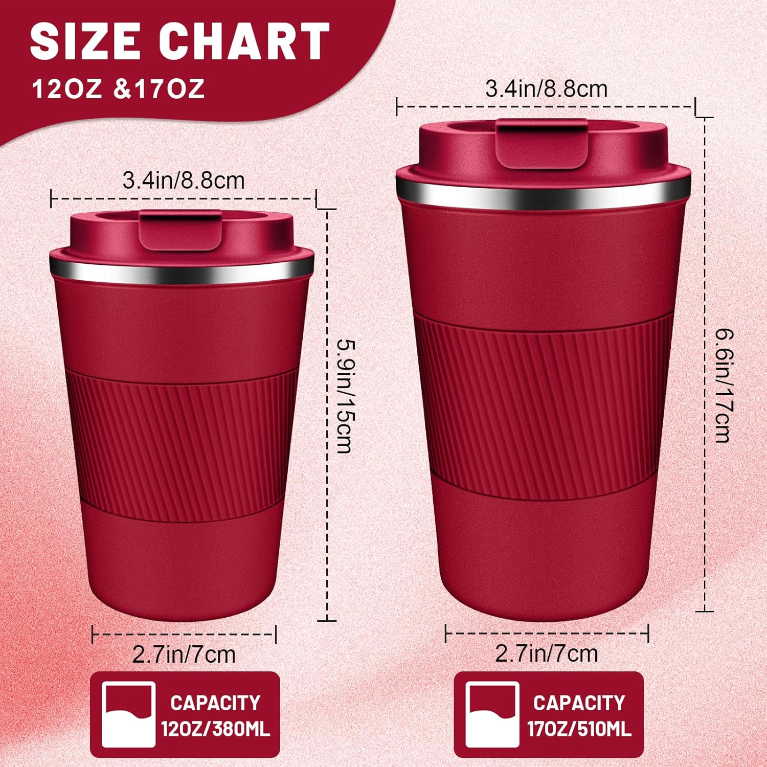 Insulated Coffee Tumblers with Flip Lid 12oz / 17oz, Stainless Steel Travel Coffee Mug Leak Proof, Vacuum Insulated Reusable Cup, Keeps Cold and Hot for Tea