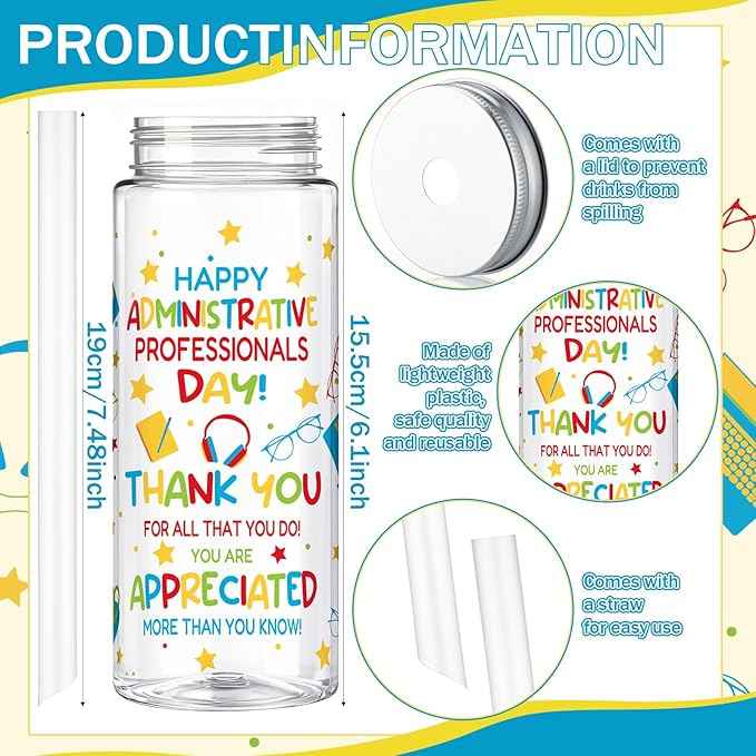 Vesici 24 Pcs Happy Administrative Professionals Day Gift 14. 2oz Thank You Gifts Lid and Straw Plastic Reusable Tumbler Bulk Cold Drinking Cup for Administrative Assistant Party Favors