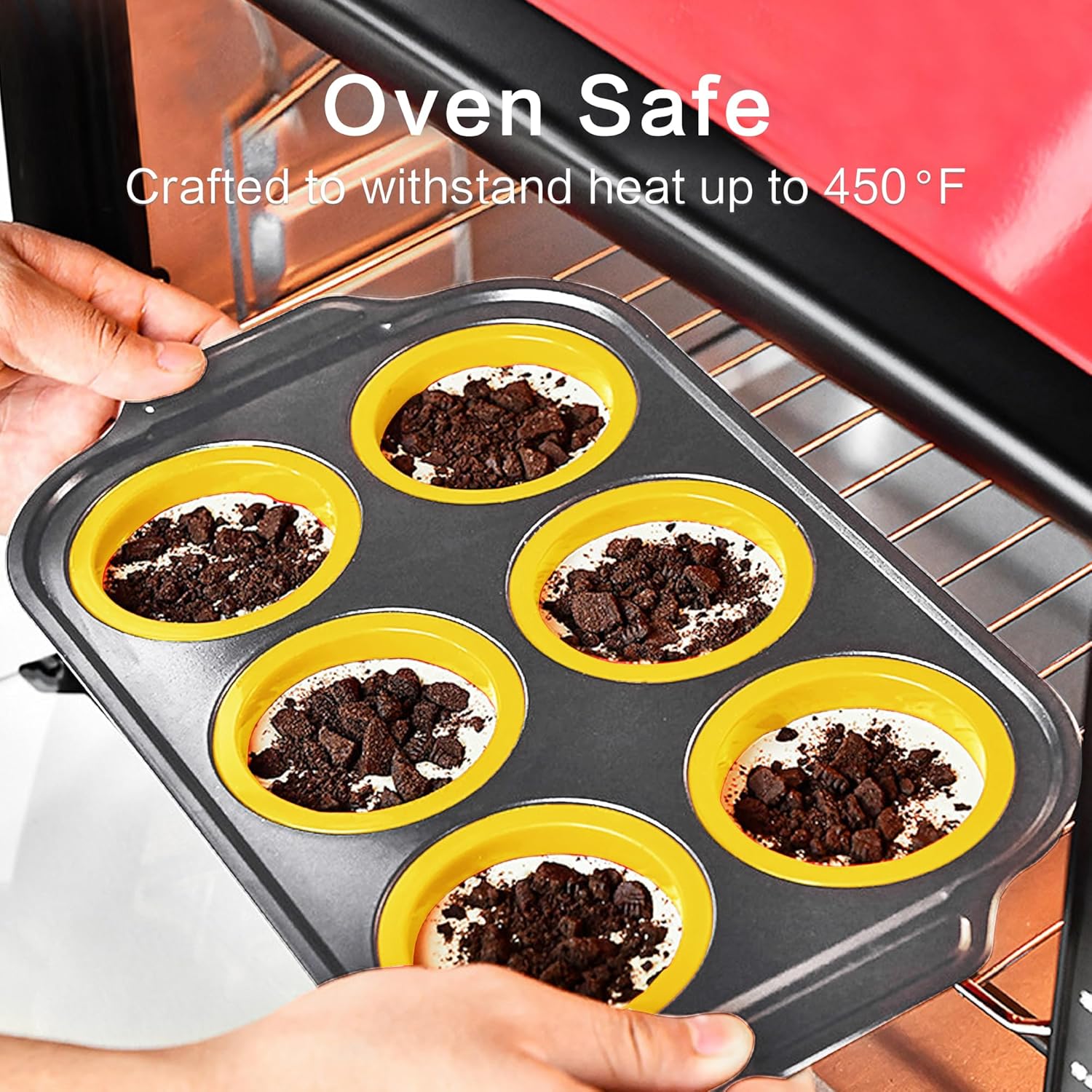 Silicone Muffin Pan, 12 Cup Muffin Pans with Metal Frame, Silicone Cupcake Pan for Baking, Non Stick Baking Cups with Press To Release Design, Cake Pop Mold, Egg Bites Mold, Yellow