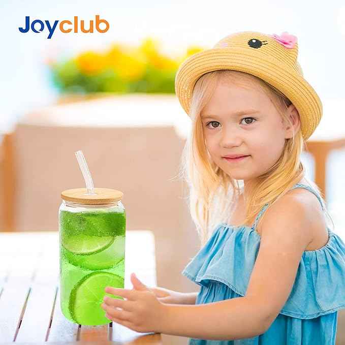 Joyclub 12 Set Glass Cups with Bamboo Lids and Glass Straws 16oz Can Shaped Reusable Clear Iced Coffee Glasses Bulk Set Drinking Jars wholesale for Party Weddings Cafes Boba Shops Gifts DIY