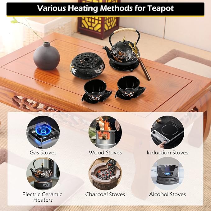 Dyna-Living Cast Iron Teapot with Warmer Japanese Tea Kettle 720ml/24.5oz Japanese Cast Iron Teapot Set with 2 Tea Cups Tea Pot with Infuser Tea Kettle for Wood Stove or Stovetop