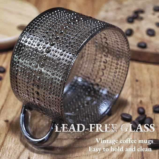 Vintage Glass Coffee Mugs, 14 Oz Set of 2 Embossed Glassware Tea Cups for Breakfast, Dessert, Cappuccino, Latte, Cereal, Yogurt, Beverage Gift
