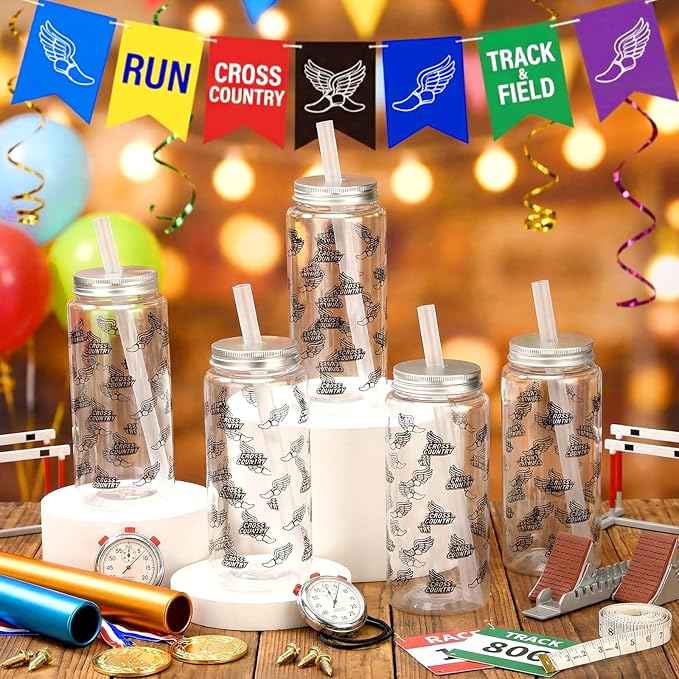 Vesici 24 Pcs Cross Country Running Tumbler Cups with Lids and Straws Cross Country Party Favor Gifts 14.2oz Plastic Cups Reusable Running Gifts for Marathon Runners Men Women Track and Field