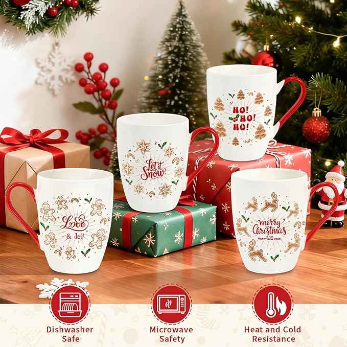 Classic Christmas Coffee Mug Set of 4, 12 oz Gingerbread Man Coffee Mug with Handle, Hot Cocoa Ceramic Mugs with Gift Box for Mom Woman Family Friends Colleagues