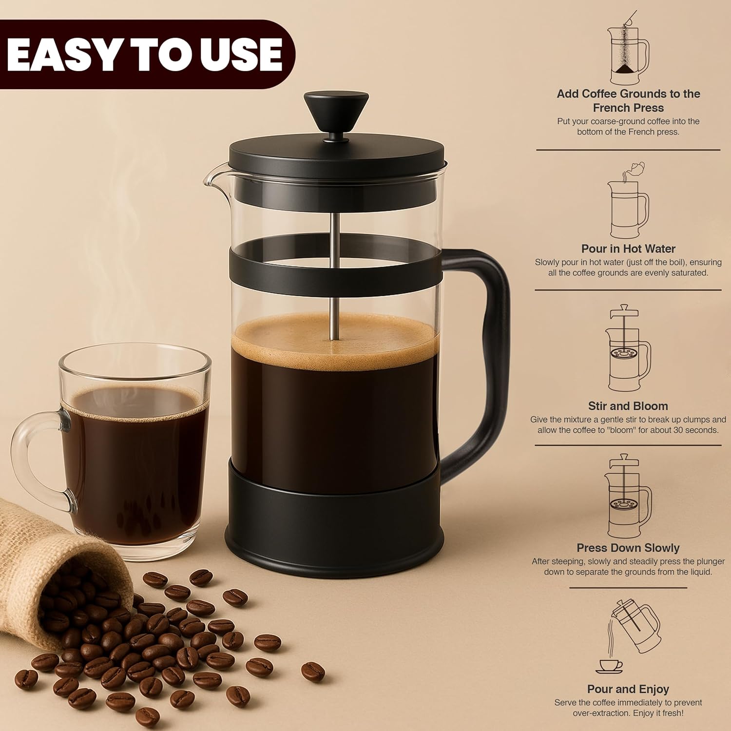 Utopia Kitchen 34 Ounce 1 Liter French Press Coffee Maker, Tea Maker, Travel Coffee Presses, Heat Resistant Thickened Borosilicate Coffee Pot for Camping Travel Gifts, Black Pack of 1 - Blissbrew