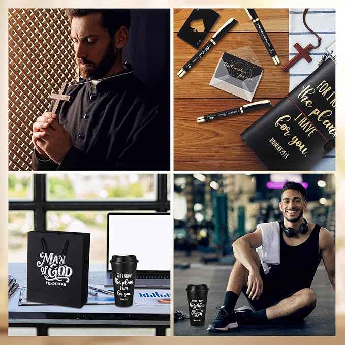 42 Pcs 6 Sets Christian Gifts for Men 16oz Reusable Religious Appreciation Bible Coffee Cups with Lid Black Leather Notebook Socks Pen Card with Bottle Opener for Father Coworker Pastor