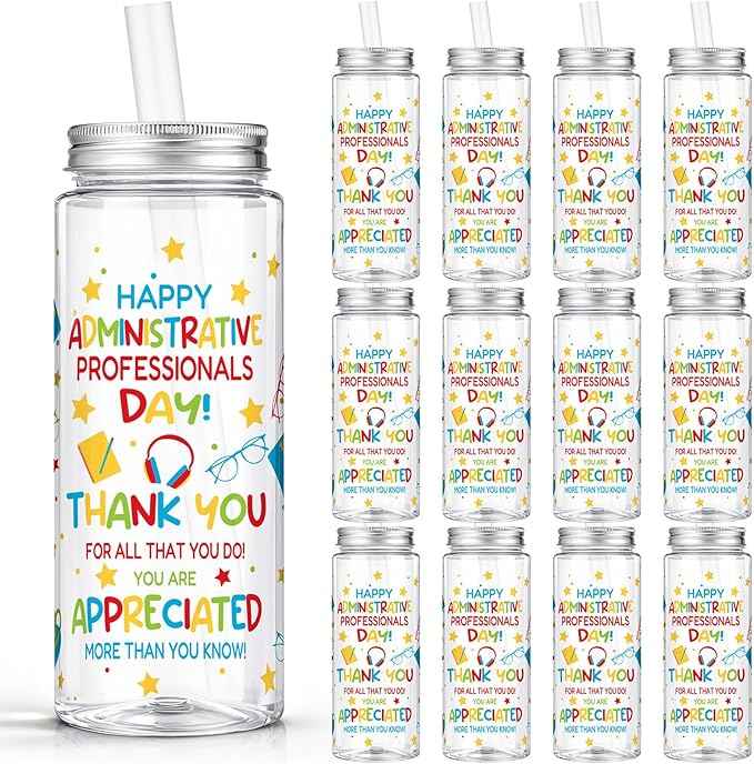 Vesici 24 Pcs Happy Administrative Professionals Day Gift 14. 2oz Thank You Gifts Lid and Straw Plastic Reusable Tumbler Bulk Cold Drinking Cup for Administrative Assistant Party Favors