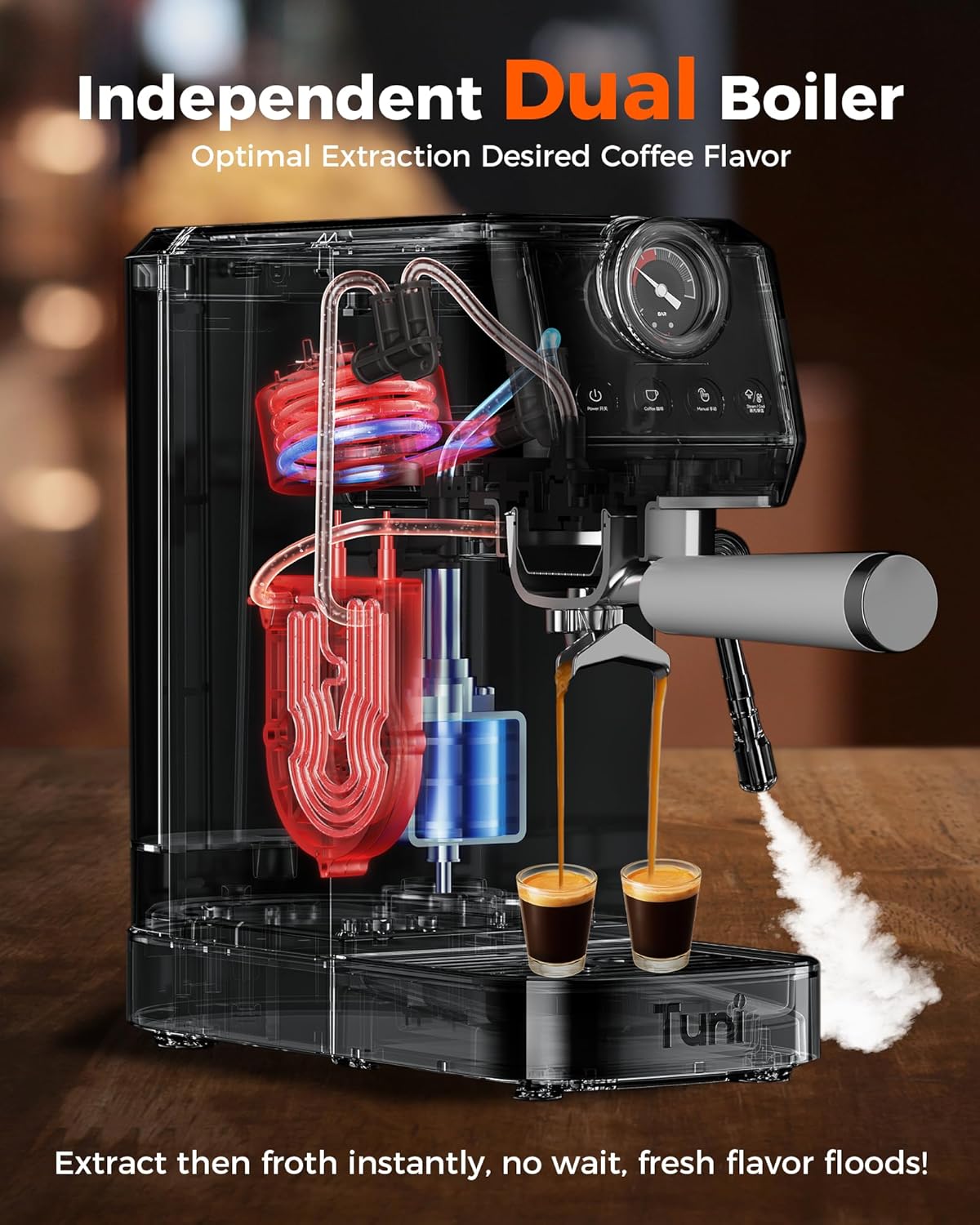 Tuni [𝑼𝒑𝒈𝒓𝒂𝒅𝒆] E2 58mm Dual Boiler Espresso Machine, 20 Bar UKLA Pump Espresso Maker with PID NTC System, Commercial Grade Stainless Steel Semi-automatic Coffee Machine, for Coffee Lovers - Blissbrew