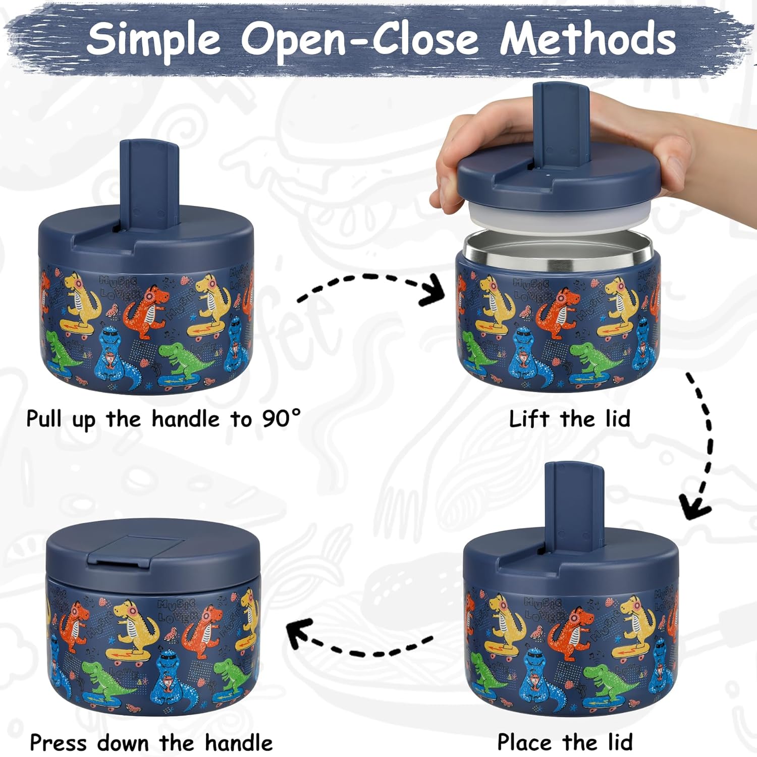 12oz Insulated Vacuum Food Jar with Buckle Lid Wide Mouth Soup Thermo for Hot Food Kids Leakproof Stainless Steel Lunch Container (Blue-Dinosaur) - Blissbrew