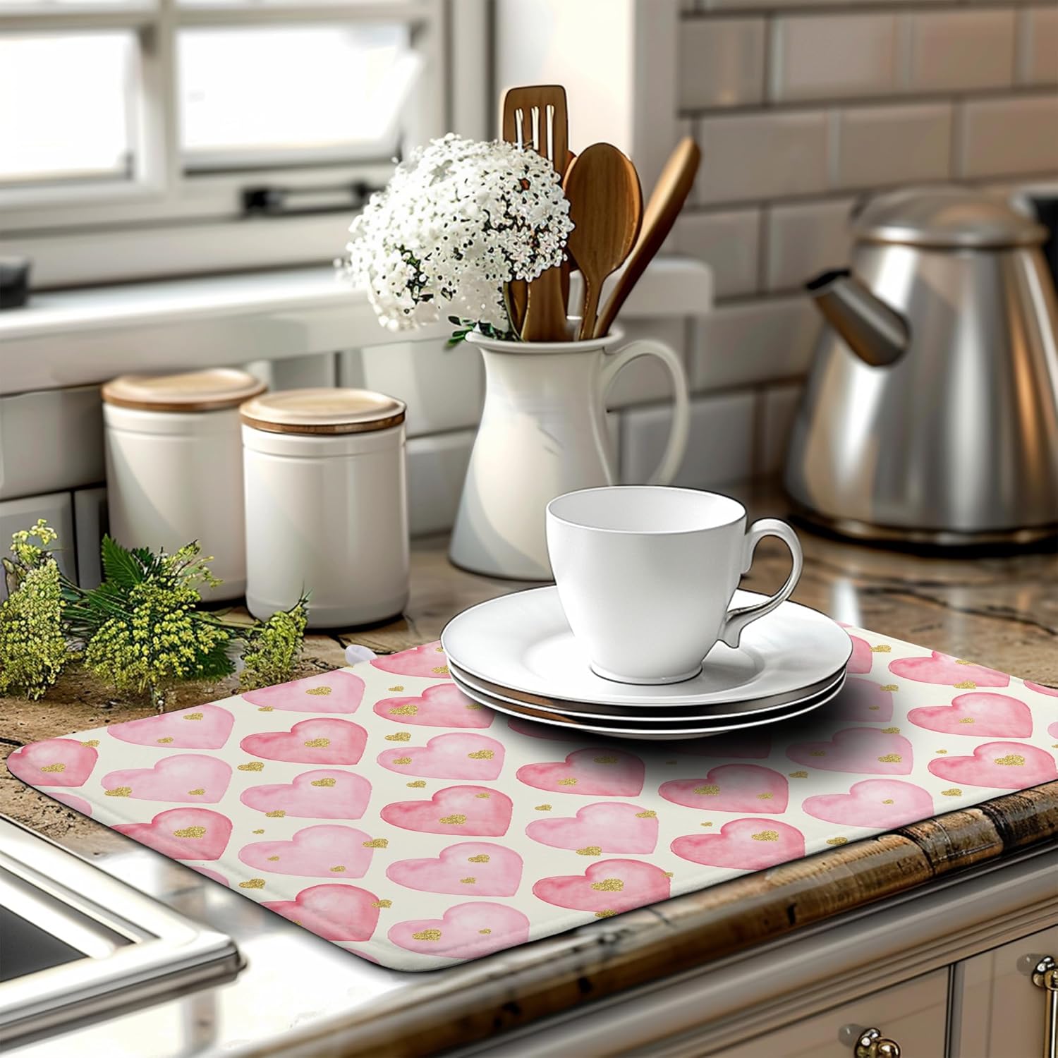 Valentines Dish Drying Mat Valentine Dishes Drying Pad Pink Golden Heart Love Absorbent Dish Dryer Matt for Kitchen Countertops Microfiber 18x24 Inches