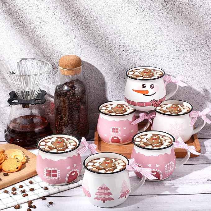 Jinei Set of 6 Christmas Coffee Mugs Gift, 12 oz Hot Cocoa Ceramic Cup for Holiday Milk Tea Mugs Coffee Bar Decoration Christmas Gift for Mom Woman Family Friend(Pink,Snow House)