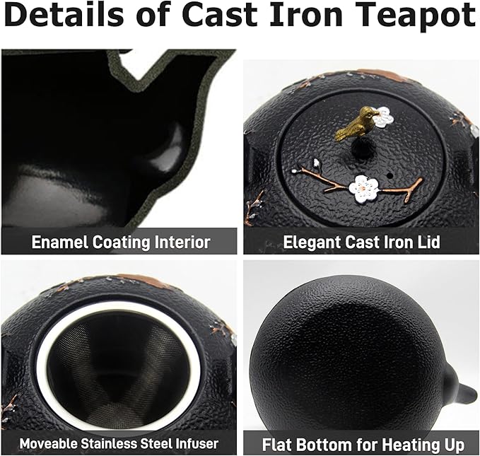 YJX Cast Iron Teapot, Japanese Style Tetsubin, Tea Kettle with Stainless Steel Infuser for Loose Tea, Internal Enamel Iron Tea Pots for Stovetop or Induction Cooker Safe(40.2oz/1200ml)
