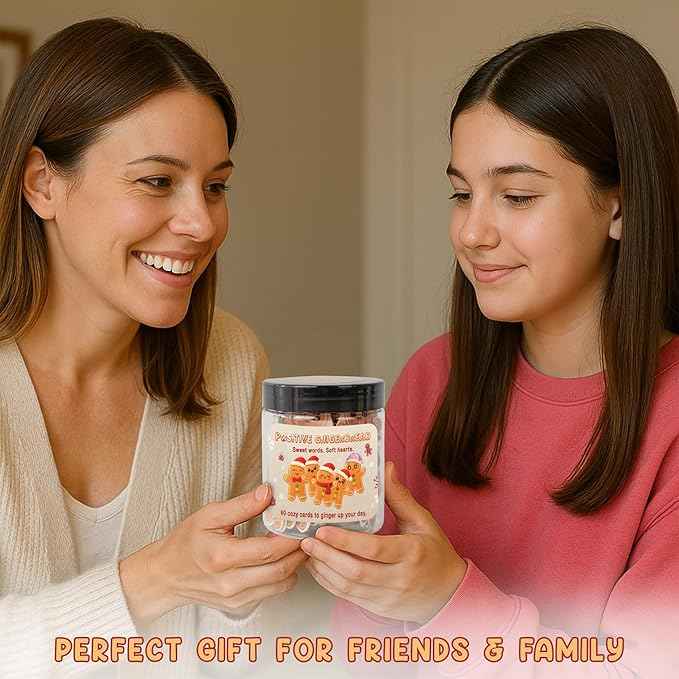 Positive Gingerbread Jar – 60 Funny Emotional Support Gingerbread, Christmas Gifts for Teens, Women, Men, Coworkers, Teachers, Sisters, Friends – Christmas Stocking Stuffer for Teen Girls, Boys