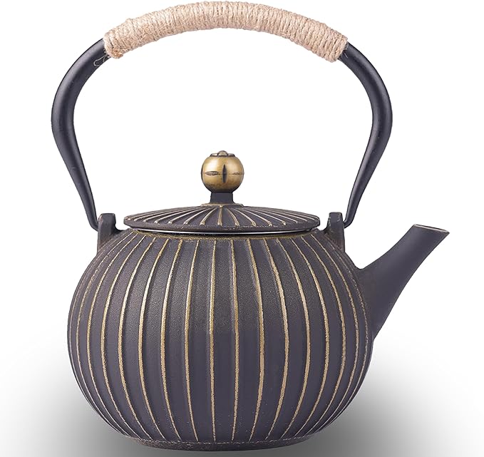 Cast Iron Teapot - Japanese Tetsubin 34oz (1000ml) Enamel Coated Interior with Removable Stainless Steel Infuser, Stovetop Safe Tea Kettle for Tea Ceremony, Black Gold